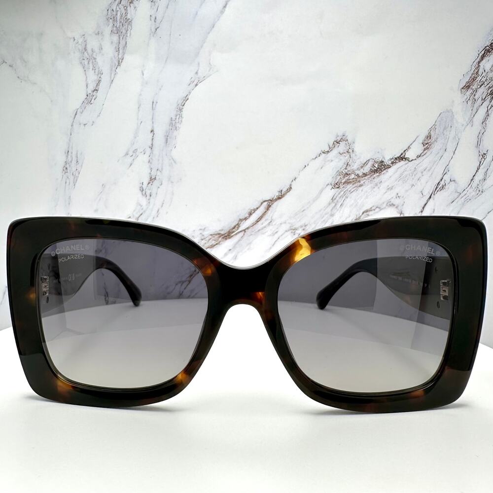 New CHANEL Sunglasses Brown Acetate Tortoise Square Gold Metal Chain CC - Picture 2 of 16